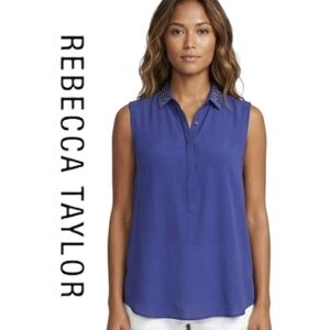 100% Silk Rebecca Taylor Blouse Size 6 Top Rivets Collared Tucker Shirt Blue